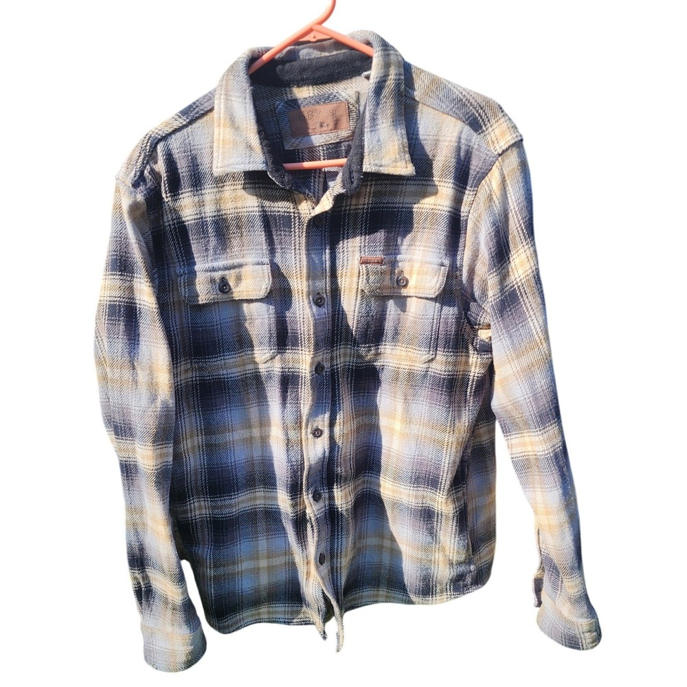 Orvis Mens Large Blue Tan Plaid Flannel Button Down Shirt Fleece Lined Collar